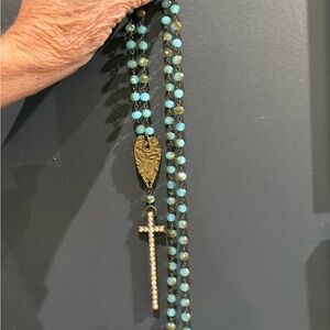 Turquoise Crystal Beaded Necklace with Cross Pendant